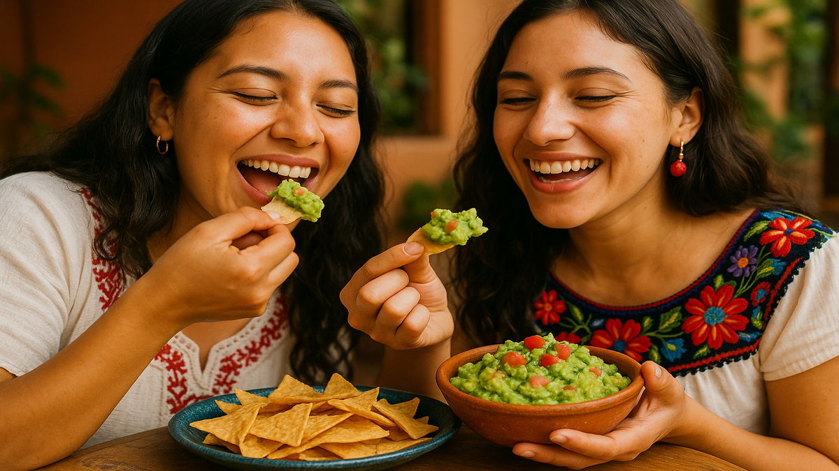 グアカモーレでトルティーヤを食べる人たち