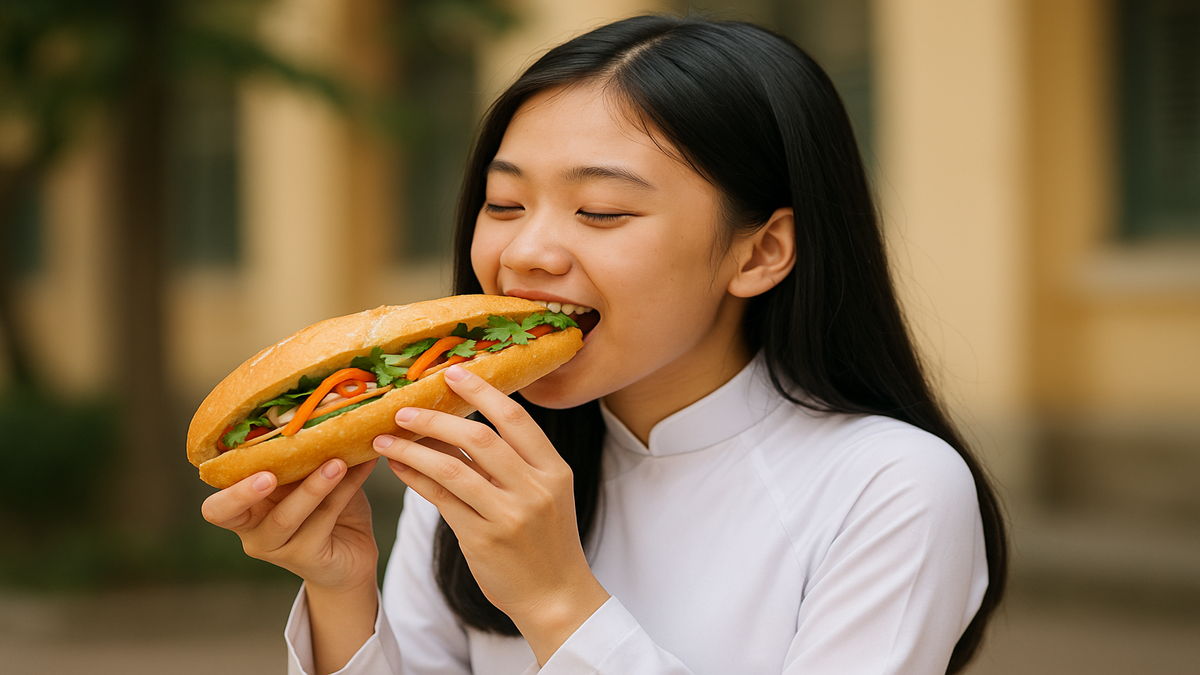 バインミーを食べるアオザイの女性