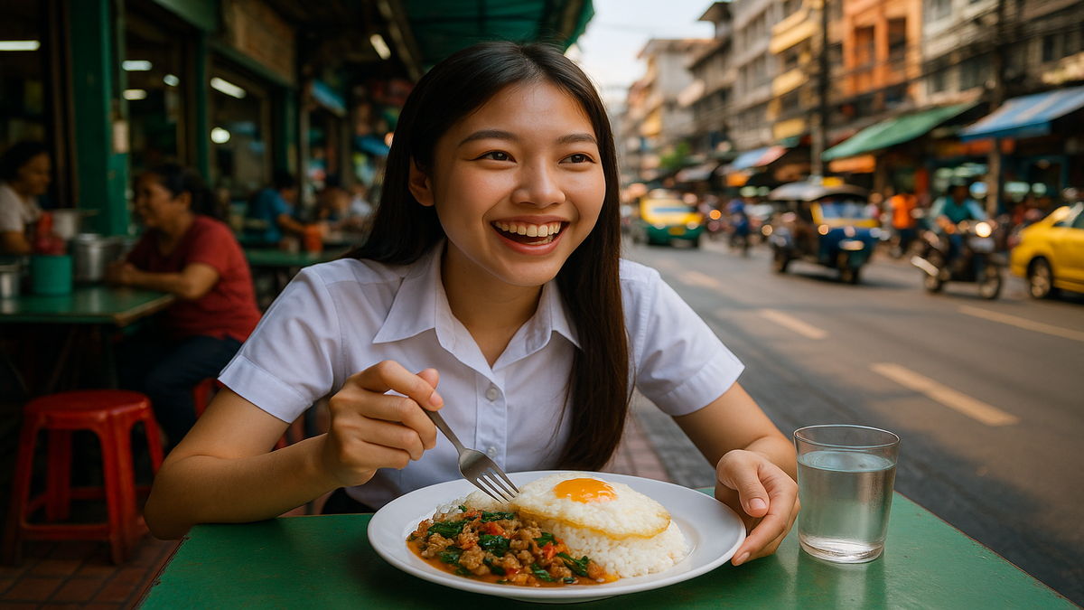 ガパオライスをバンコクのストリートで食べているところ。