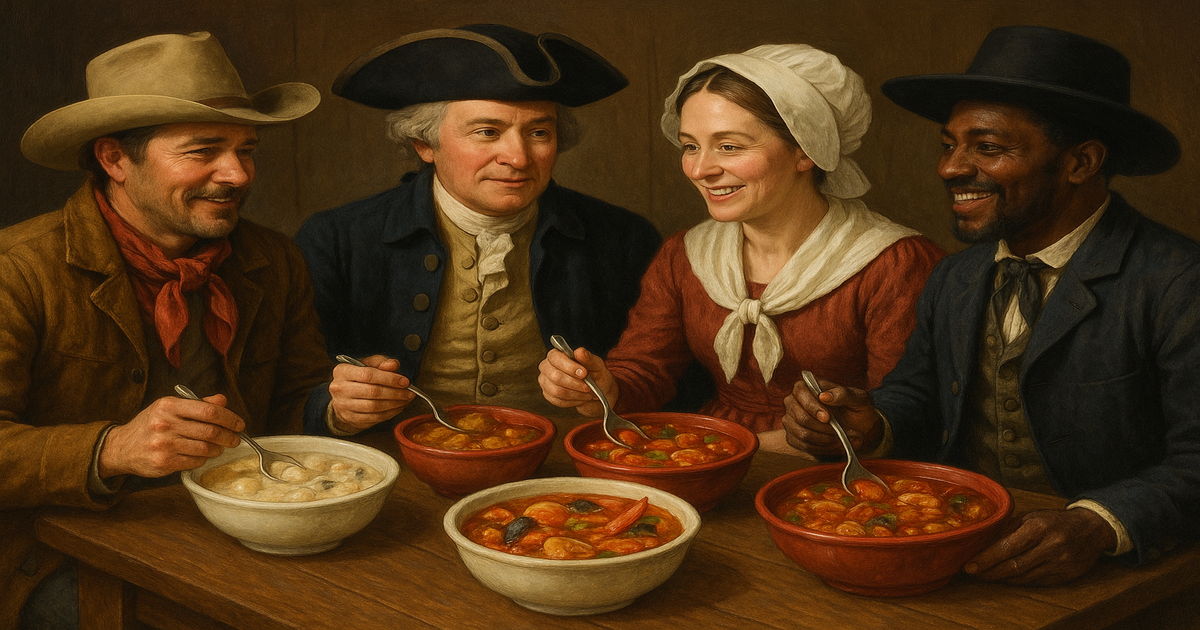 クラムチャウダーやガンボなどアメリカのスープを食べる人たち